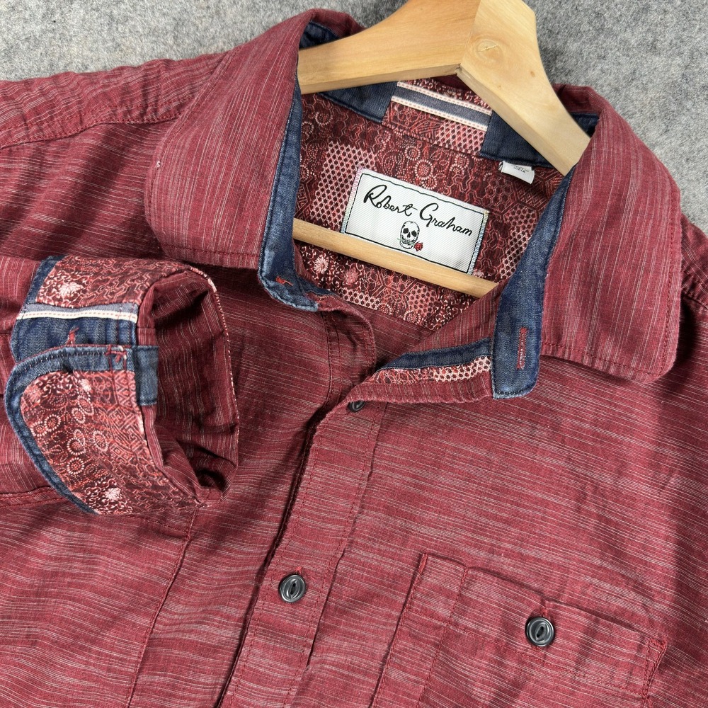 Robert Graham Shirt Mens XL‎ Red Striped 100% Cotton Button Front Classic Casual